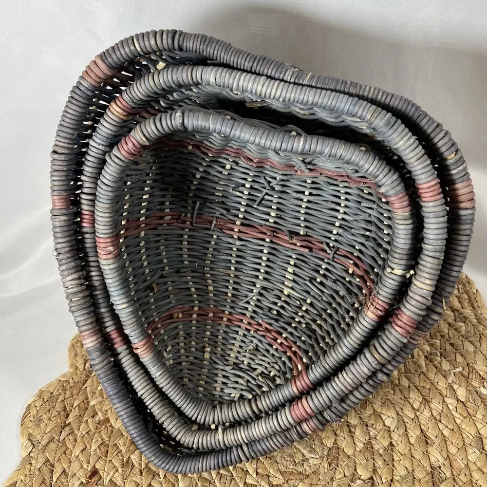 Vintage 80s Heart Wicker Nesting Baskets Set 3 Country Blue Mauve Cottage Decor